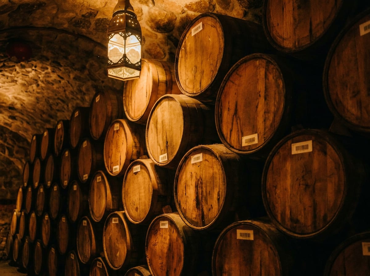 Casks resting in a stone cellar under lantern light