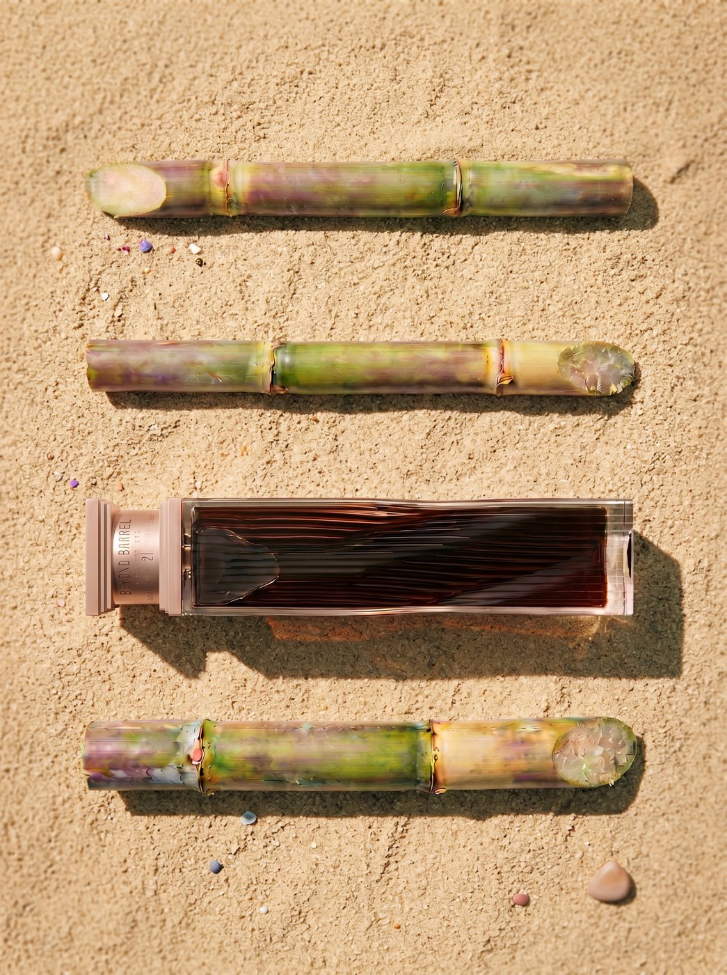 Sugarcane stalks and rum bottle laid on Panama sand